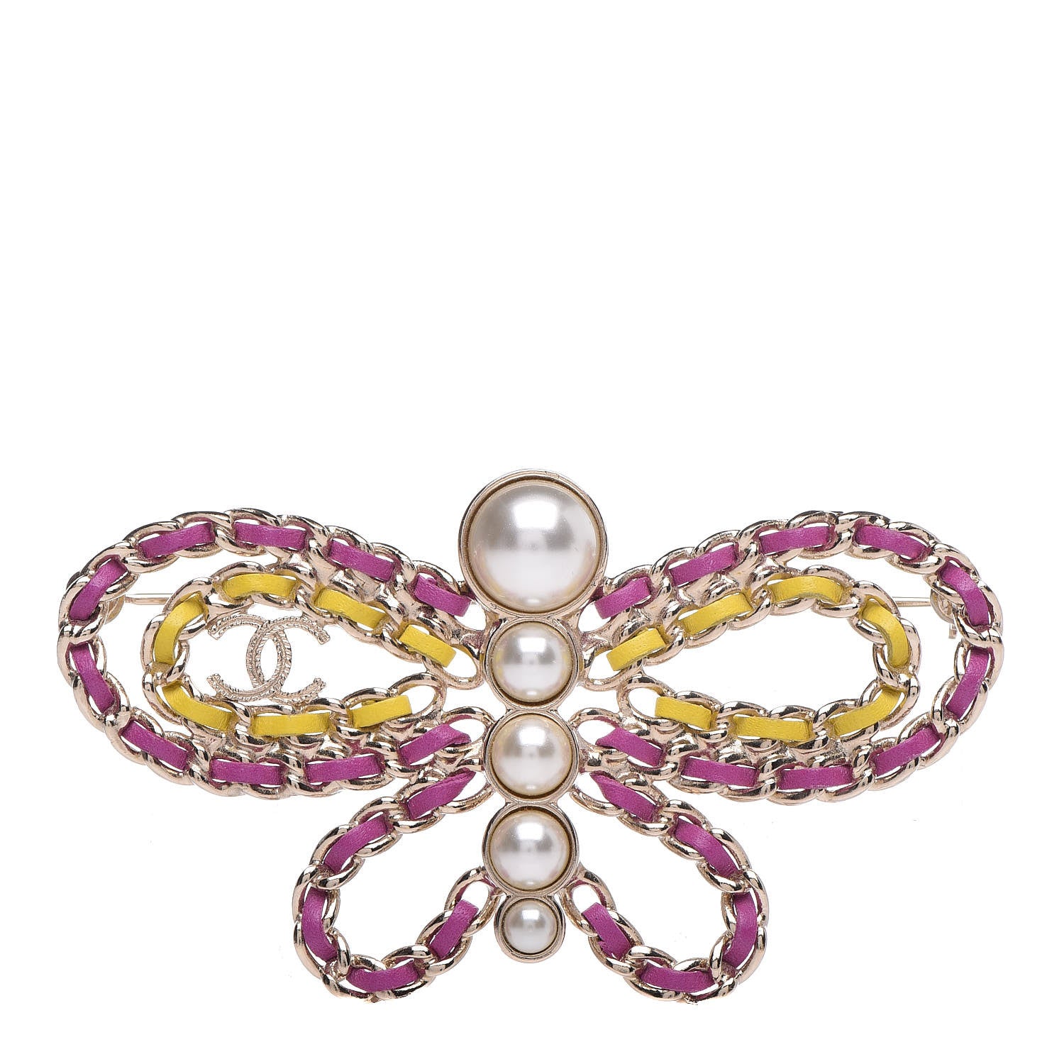 Chanel Lambskin Chain Pearl CC Butterfly Brooch Pink Yellow Gold 1 of 4