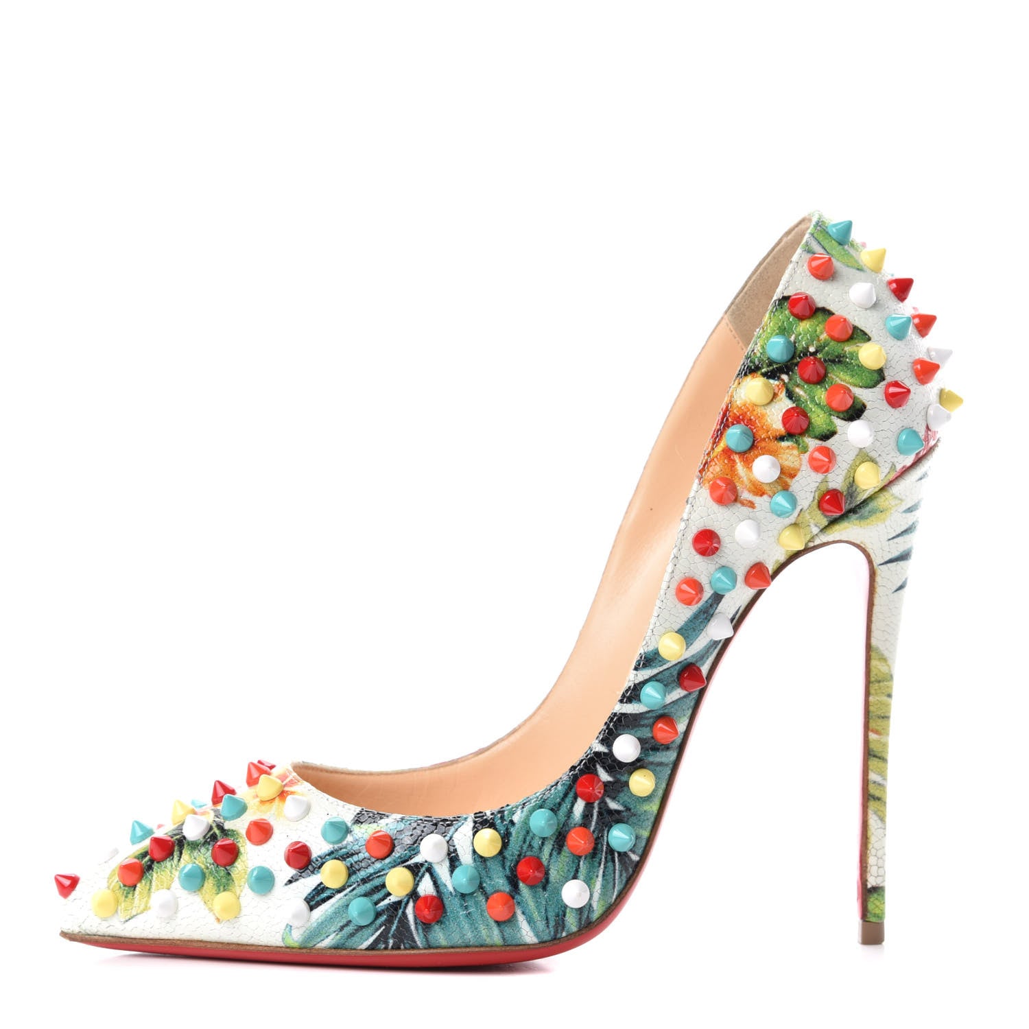 Christian Louboutin Crackled Calfskin Hawaiian Print Follies Spikes 120 Pumps 38.5 White Multi 1 of 10
