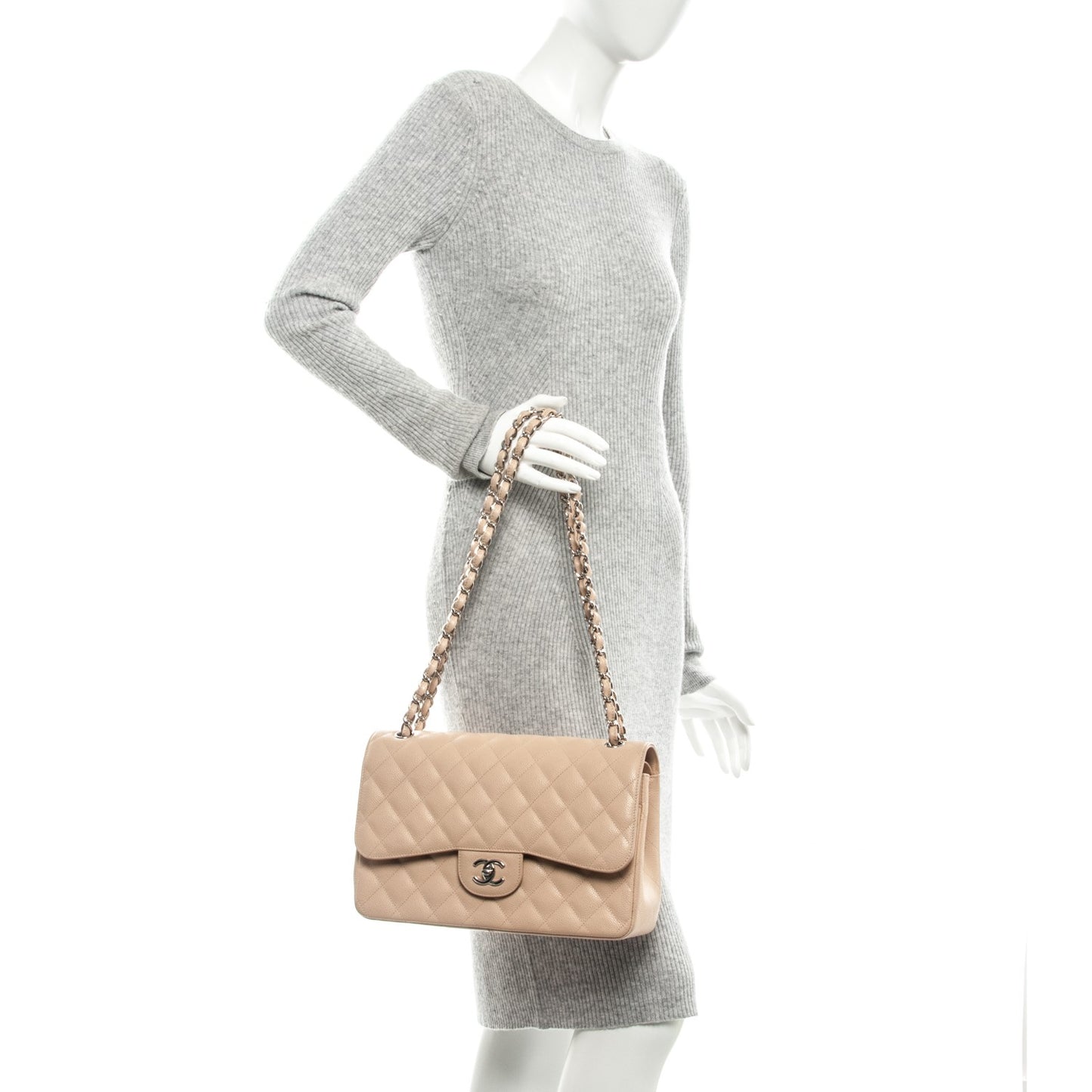 Caviar Quilted Jumbo Double Flap Beige Clair