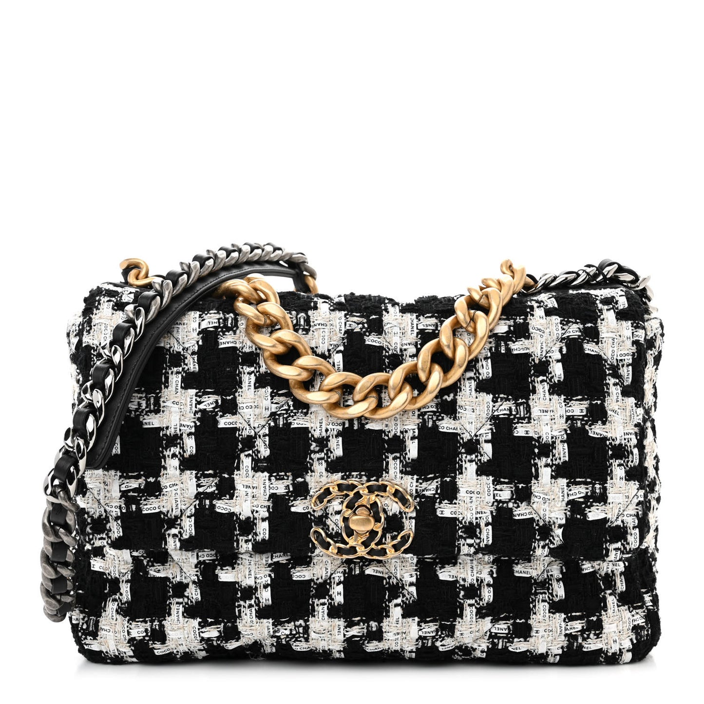 Tweed Quilted Large Chanel 19 Flap Black Ecru White