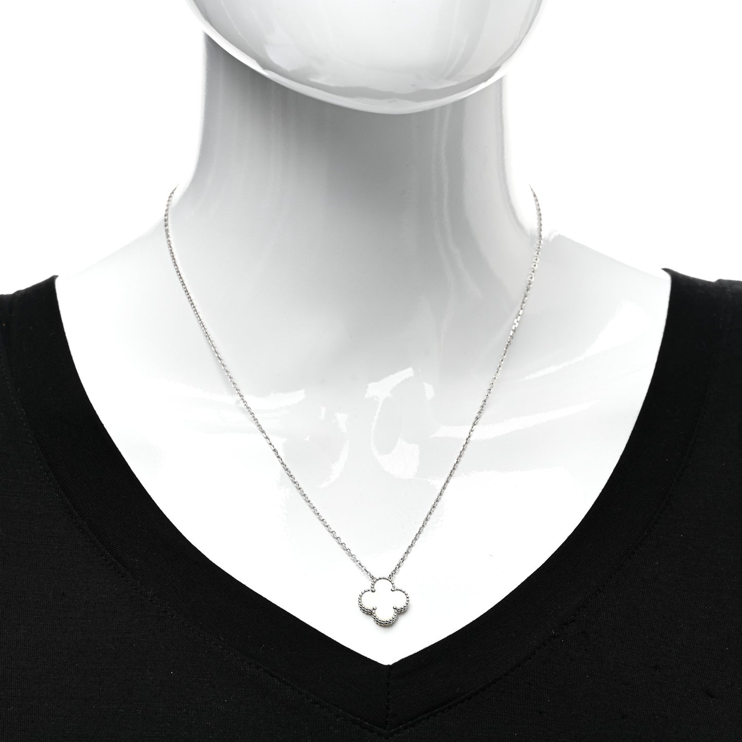 18K White Gold Mother Of Pearl Vintage Alhambra Pendant Necklace