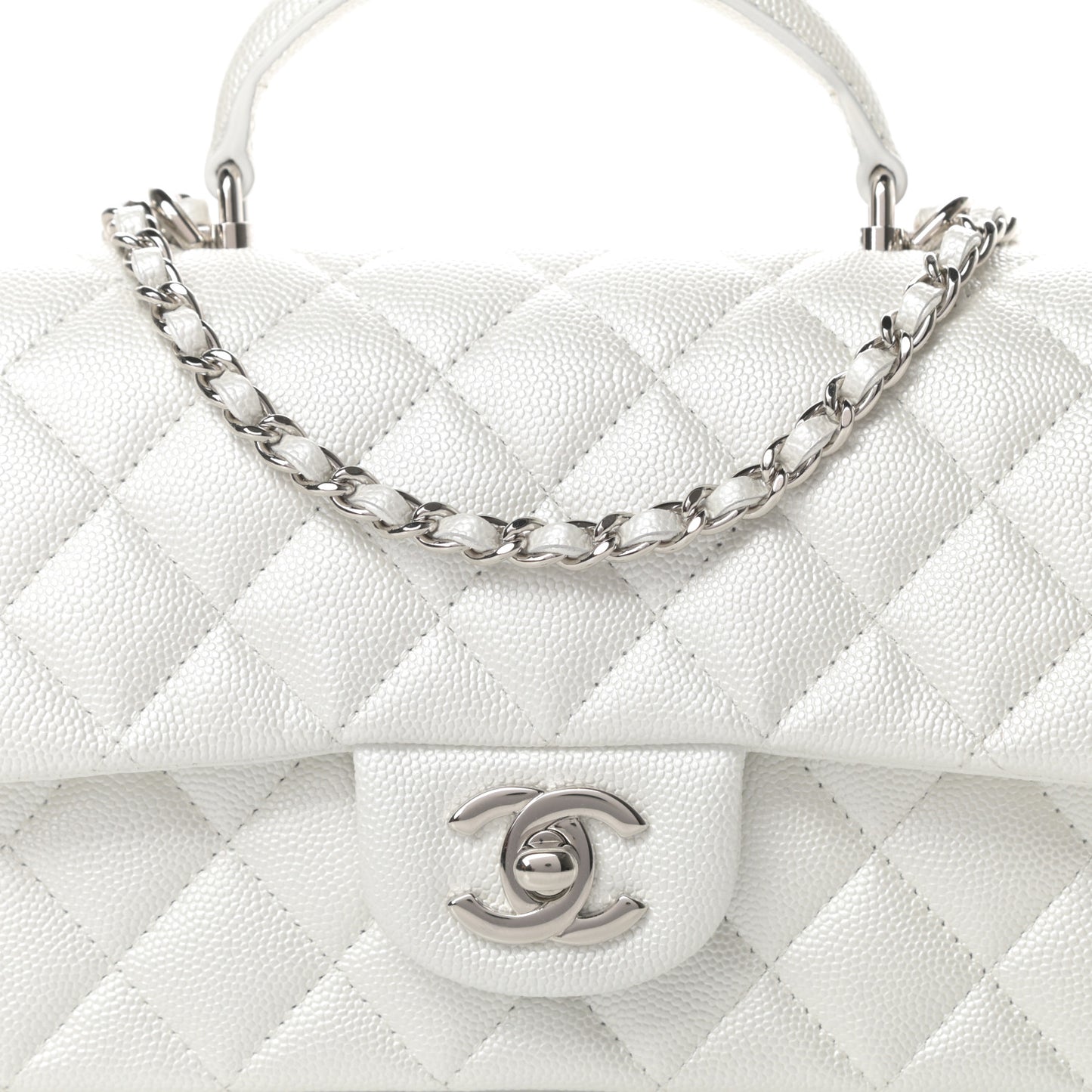 Iridescent Caviar Quilted Mini Top Handle Rectangular Flap White
