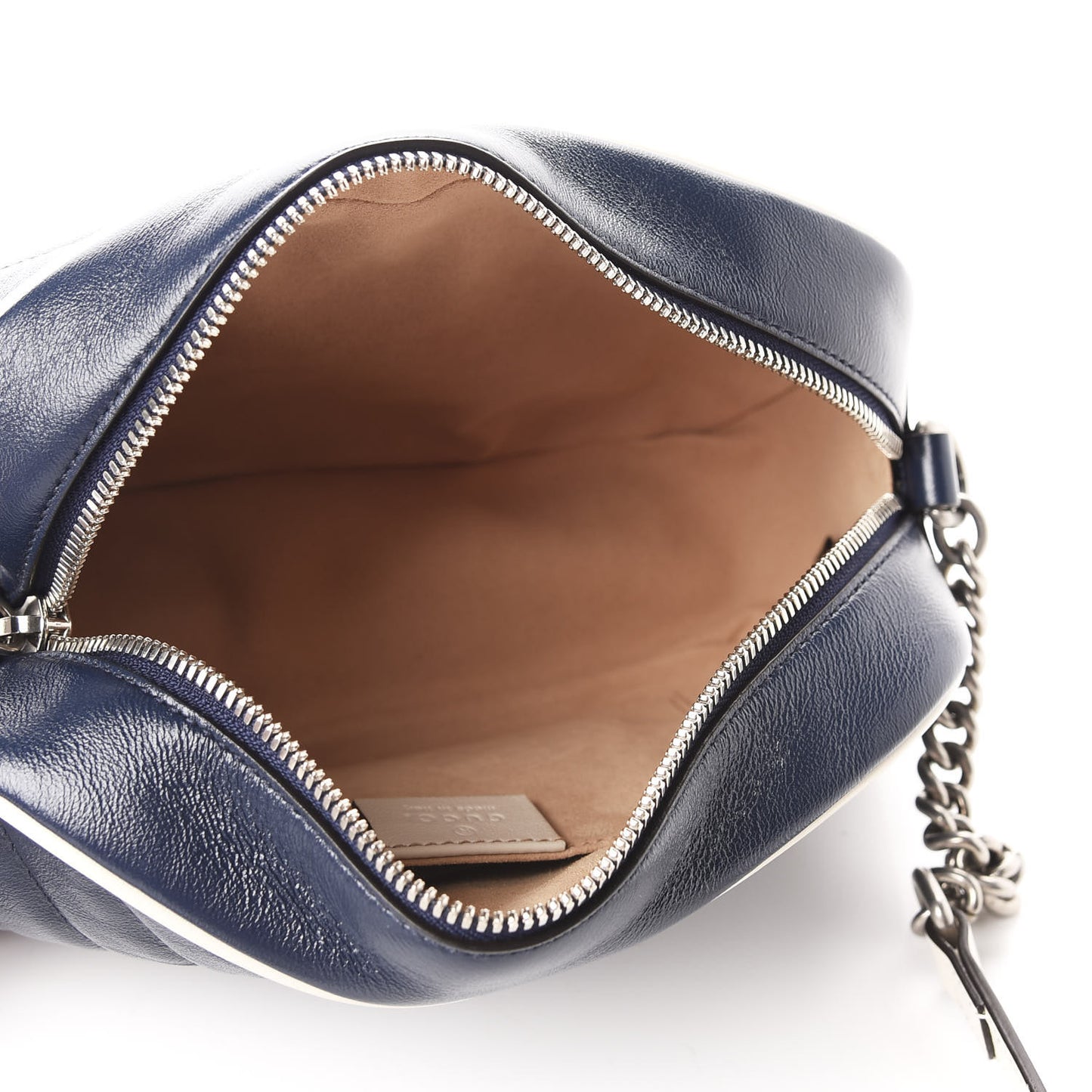 Vintage Effect Calfskin Matelasse Diagonal Small Torchon GG Marmont Chain Shoulder Bag Blue Agata Mystic White