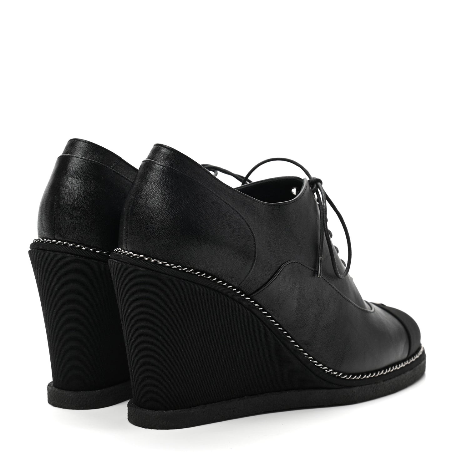 Metallic Lambskin Grosgrain Cap Toe Lace Up Wedge Booties 37 Black