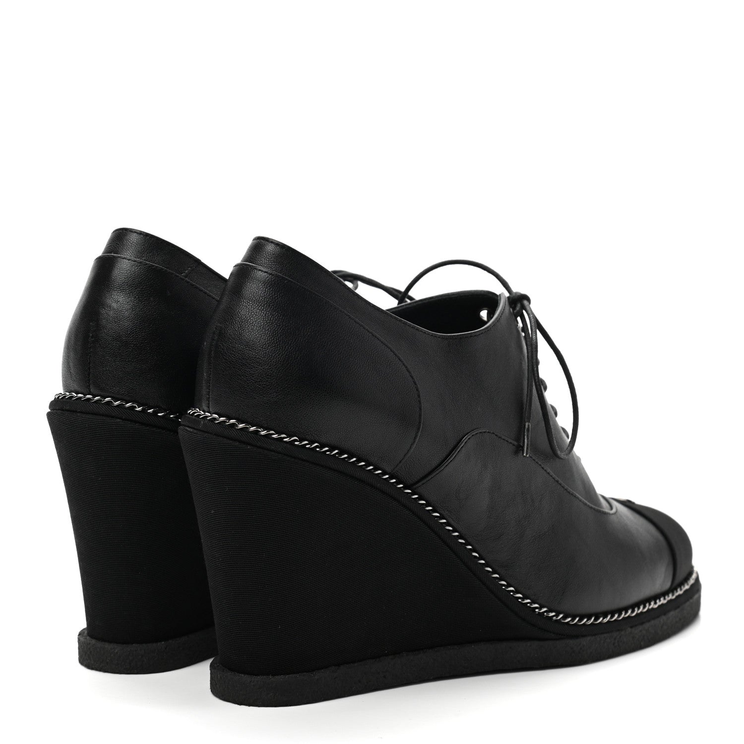 Chanel Metallic Lambskin Grosgrain Cap Toe Lace Up Wedge Booties 37 Black 4 of 7