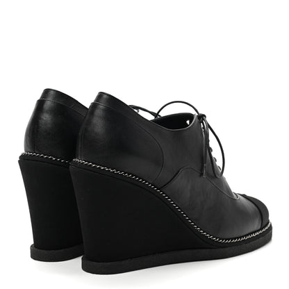 Chanel Metallic Lambskin Grosgrain Cap Toe Lace Up Wedge Booties 37 Black 4 of 7