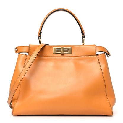 Fendi Vitello Morgan Shiny Nappa Medium Peekaboo Iconic Satchel Giallo Syrup Tobacco Black 1 of 14