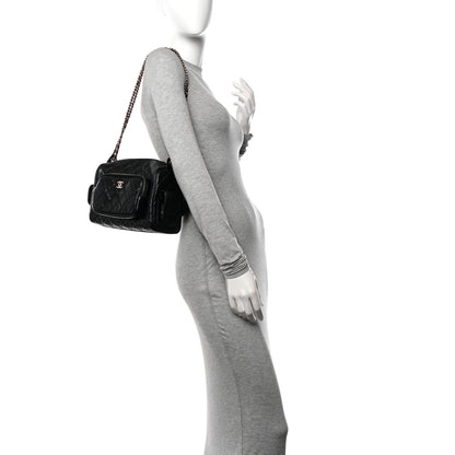 Chanel Shiny Crumpled Lambskin Quilted Medium Preppy Pocket Camera Case Black 2 of 10