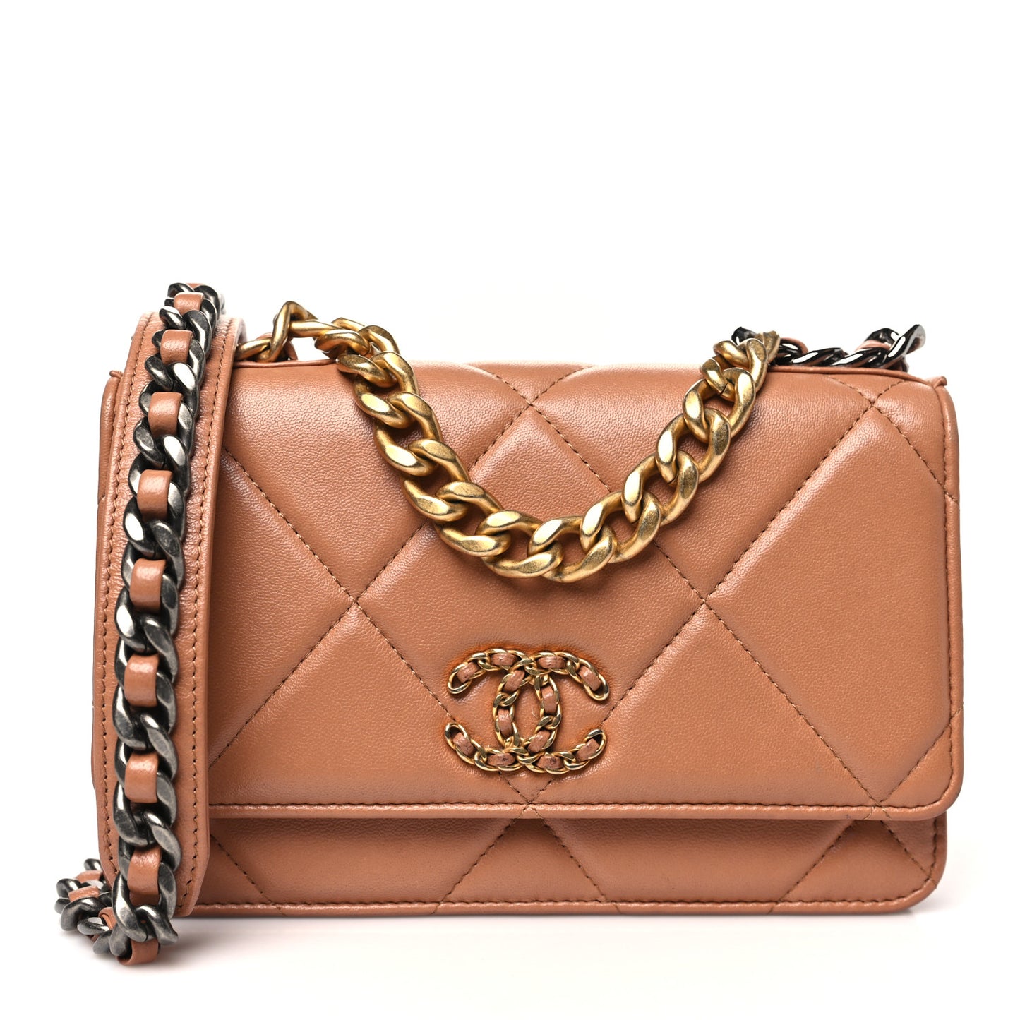 Lambskin Quilted Chanel 19 Wallet On Chain WOC Brown