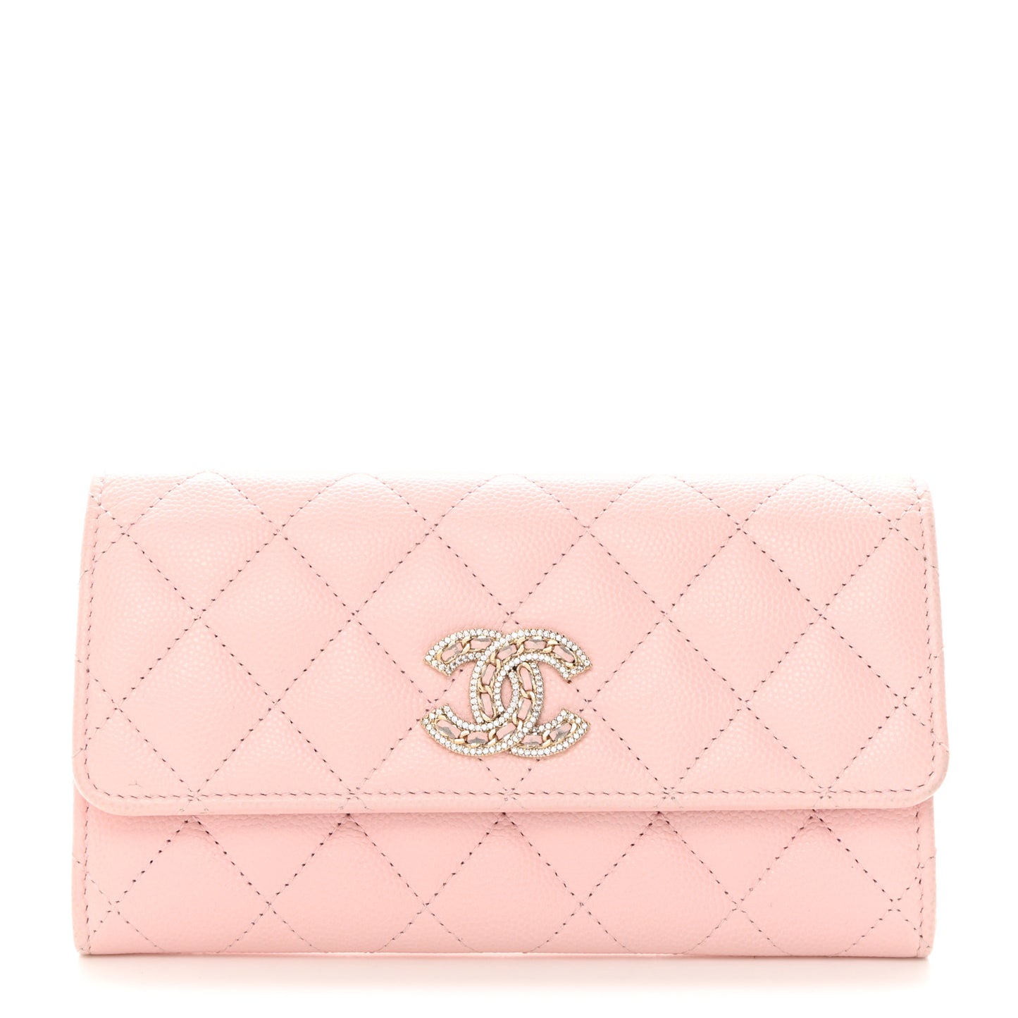 Caviar Quilted Crystal CC Large Gusset Flap Wallet Pink