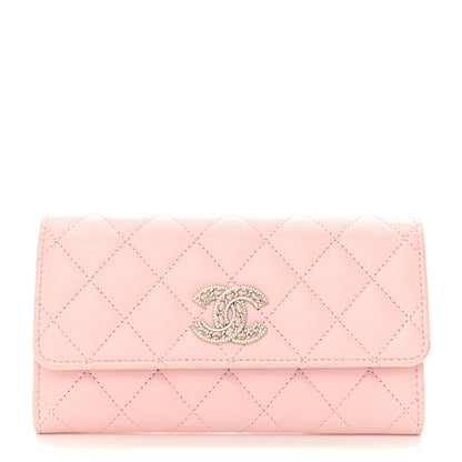 Chanel Caviar Quilted Crystal CC Large Gusset Flap Wallet Pink 1 of 9