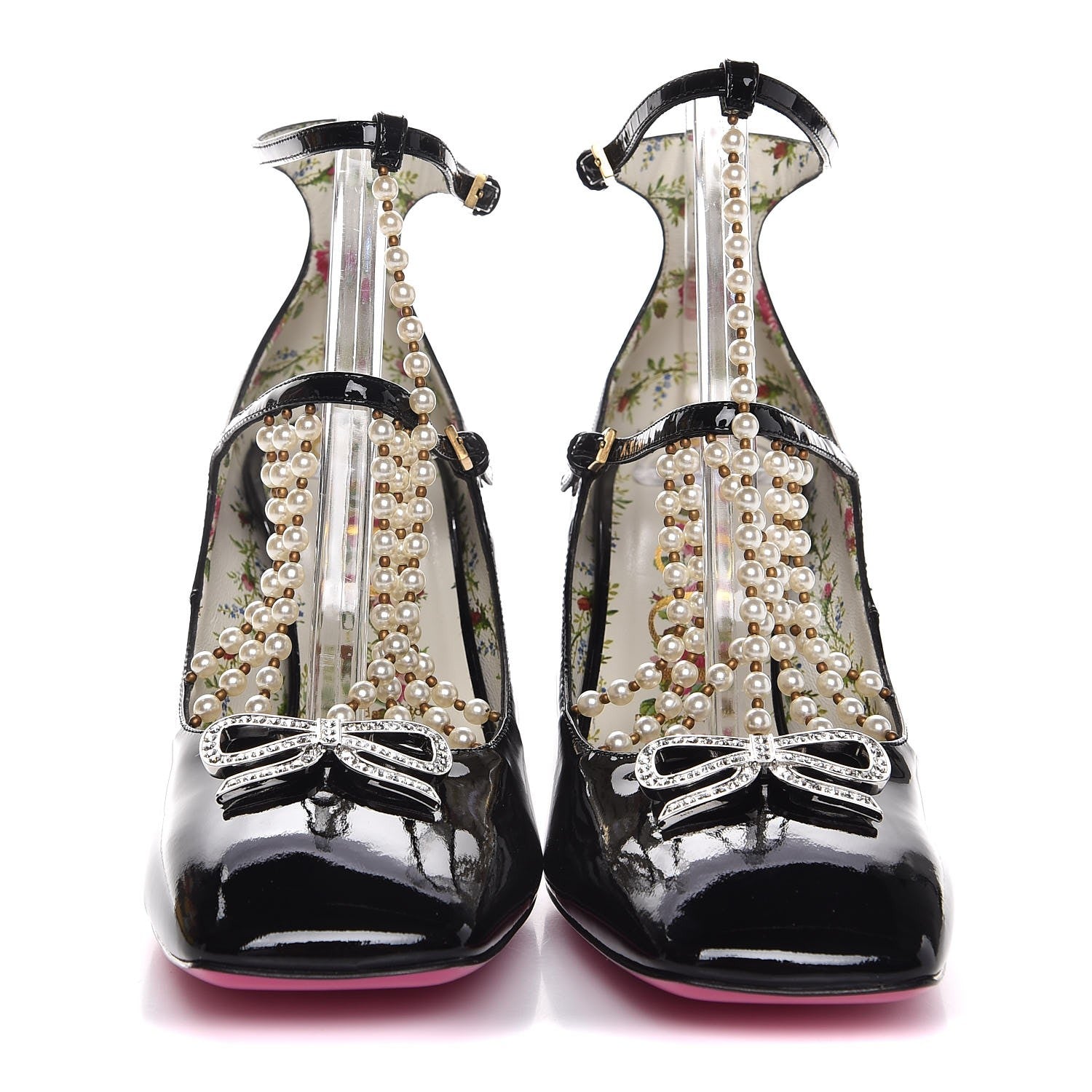Gucci Patent Pearl Taide T-Strap Mid Heel Pumps 39 Black 2 of 8
