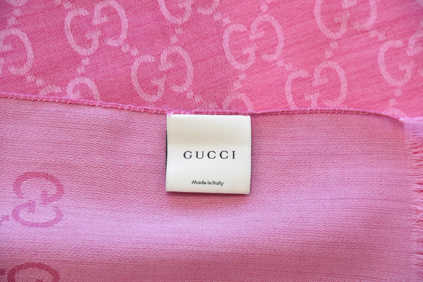 Wool Silk Monogram Fringe Scarf Pink