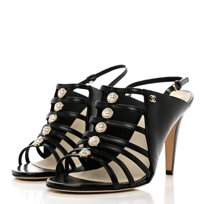 Chanel Lambskin Pearl Open Toe Caged Sandals 40.5 Black 3 of 8