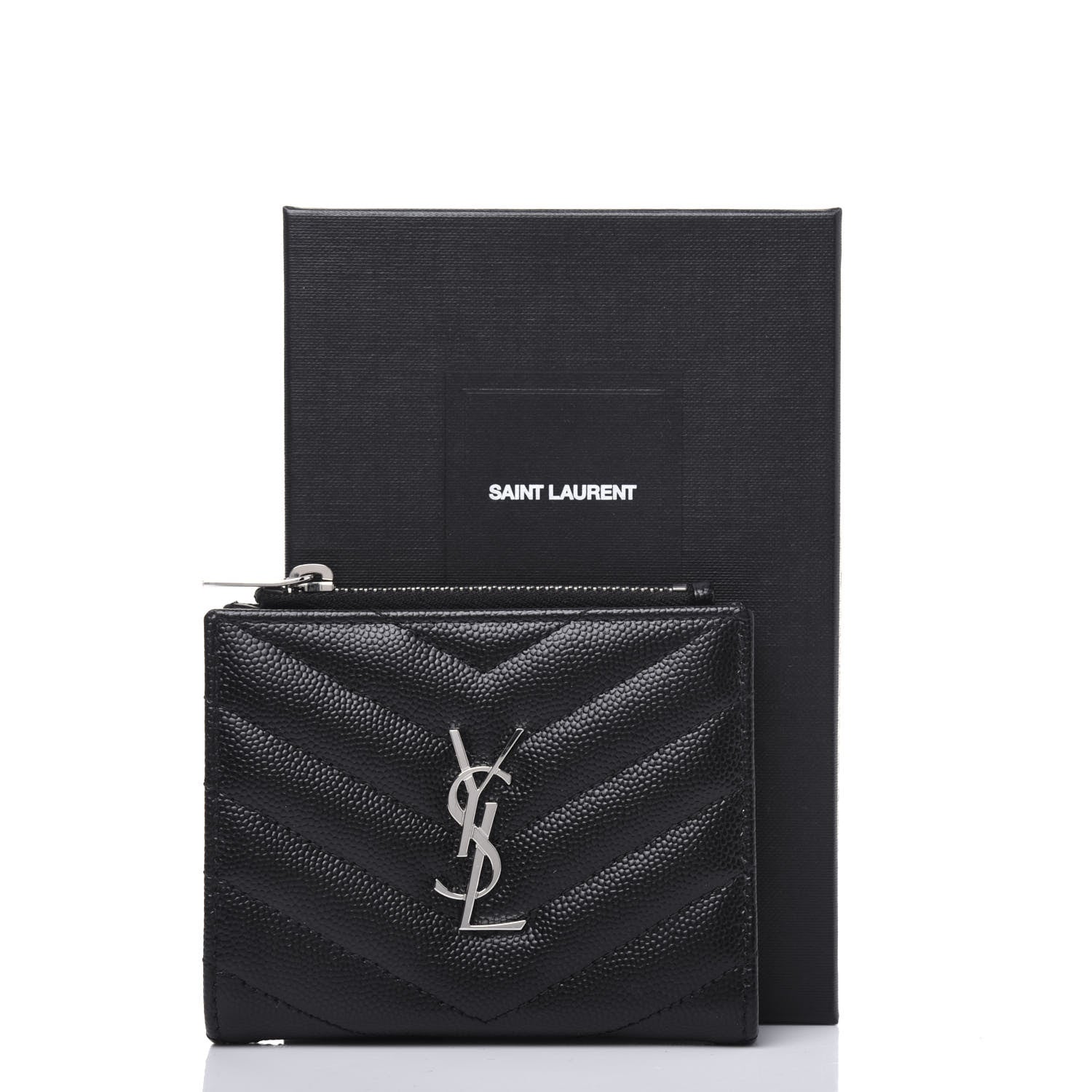 Saint Laurent Grain De Poudre Matelasse Chevron Monogram Zipped Card Case Black 12 of 12