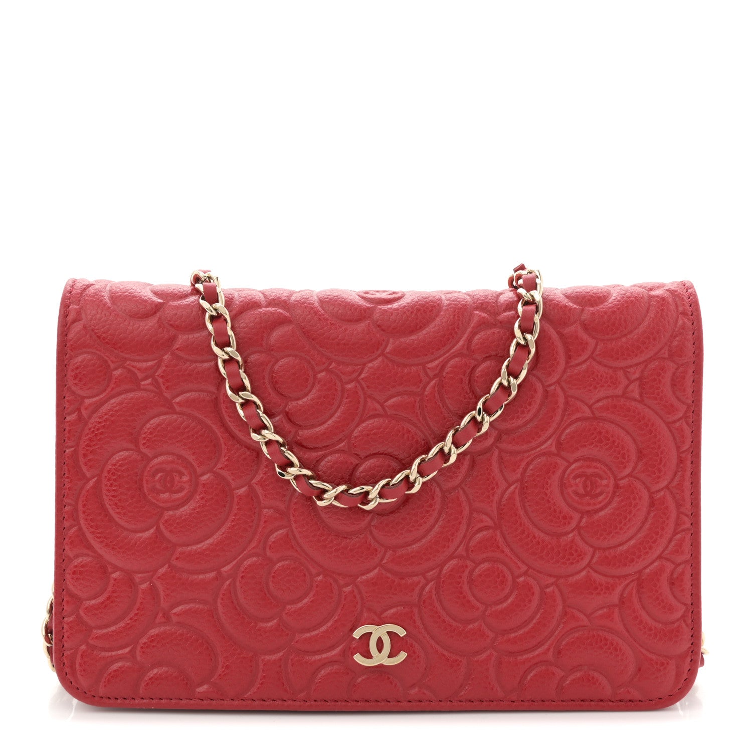 Chanel Caviar Camellia Embossed Wallet On Chain WOC Red 1 of 10