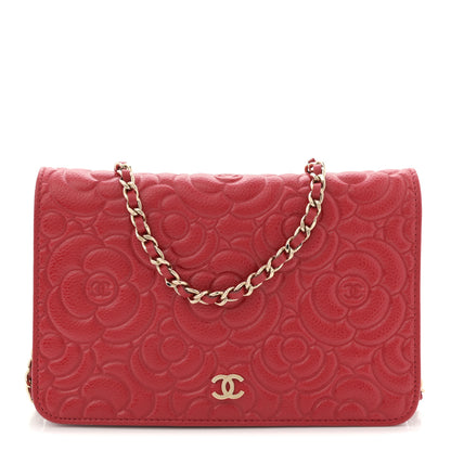 Chanel Caviar Camellia Embossed Wallet On Chain WOC Red 1 of 10