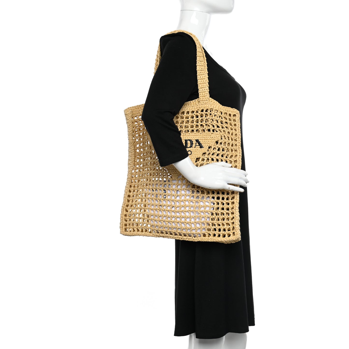 Yarn Raffia Effect Crochet Logo Embroidered Tote Bag Naturale
