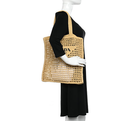 Prada Yarn Raffia Effect Crochet Logo Embroidered Tote Bag Naturale 2 of 8