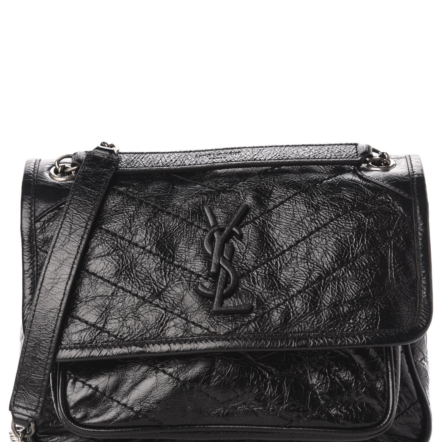 Crinkled Calfskin Matelasse Monogram Baby Niki Chain Satchel Black