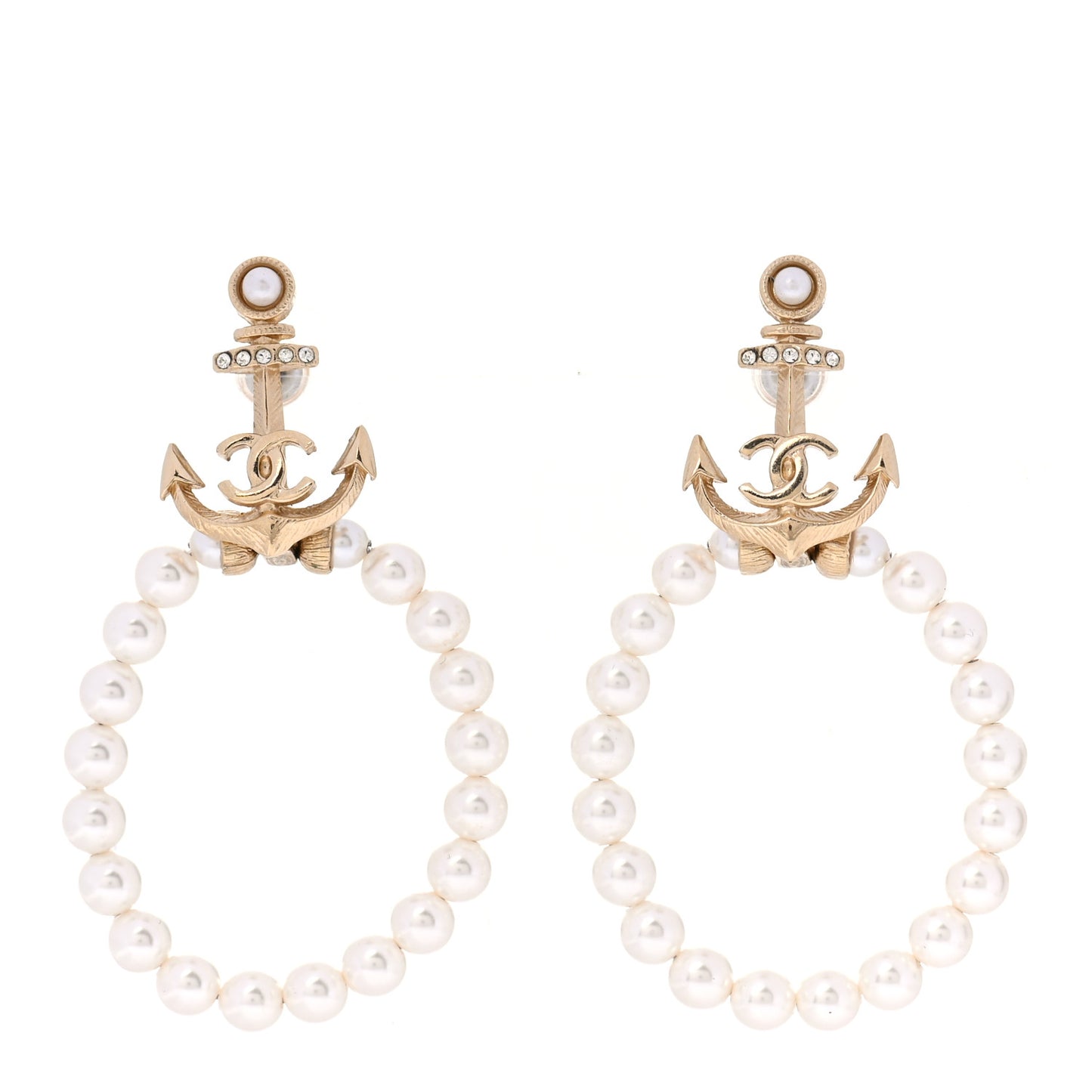 Pearl Crystal Chanel Anchor CC Hoop Earrings Gold