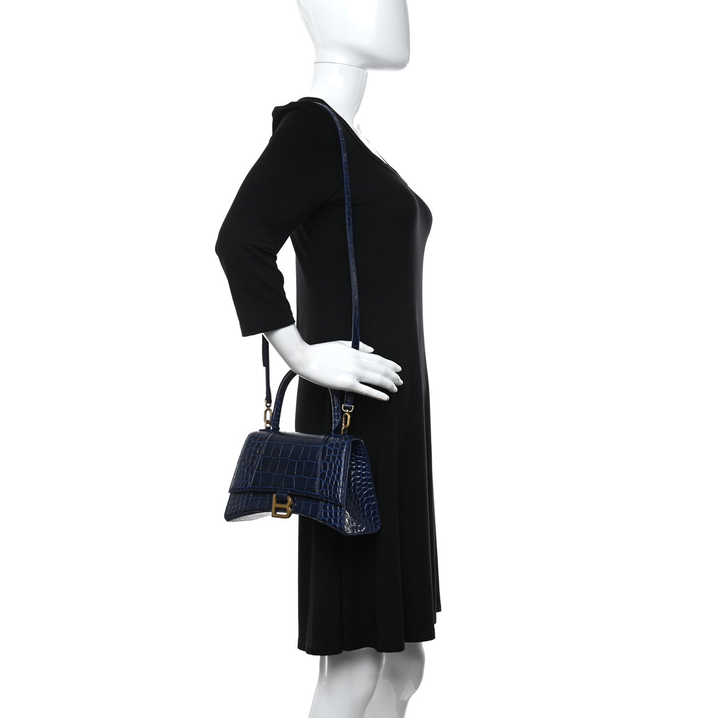 Shiny Calfskin Crocodile Embossed Small Hourglass Top Handle Bag Navy