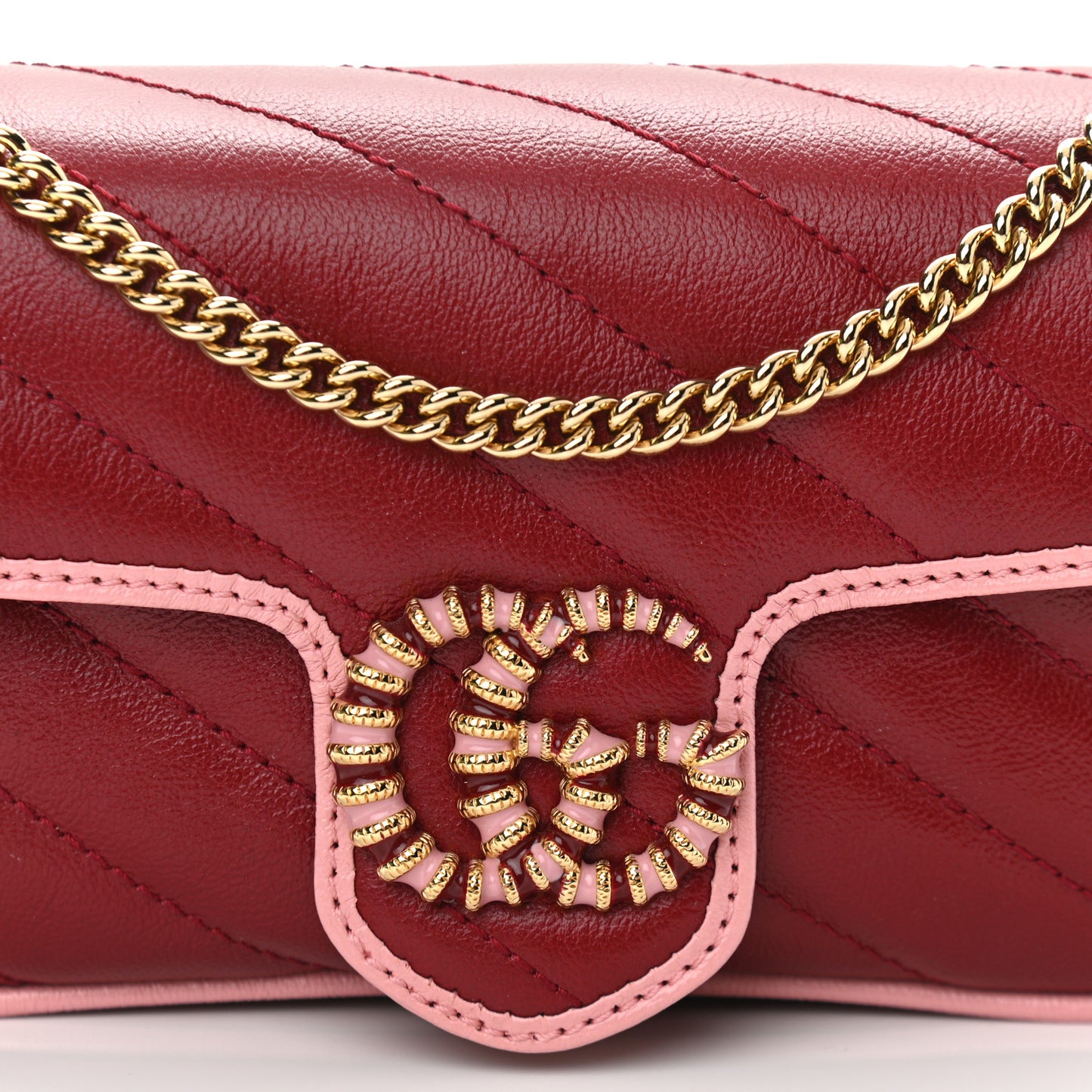 Azalea Calfskin Enamel Matelasse Diagonal Super Mini Torchon GG Marmont Shoulder Bag New Cherry Red Wild Rose