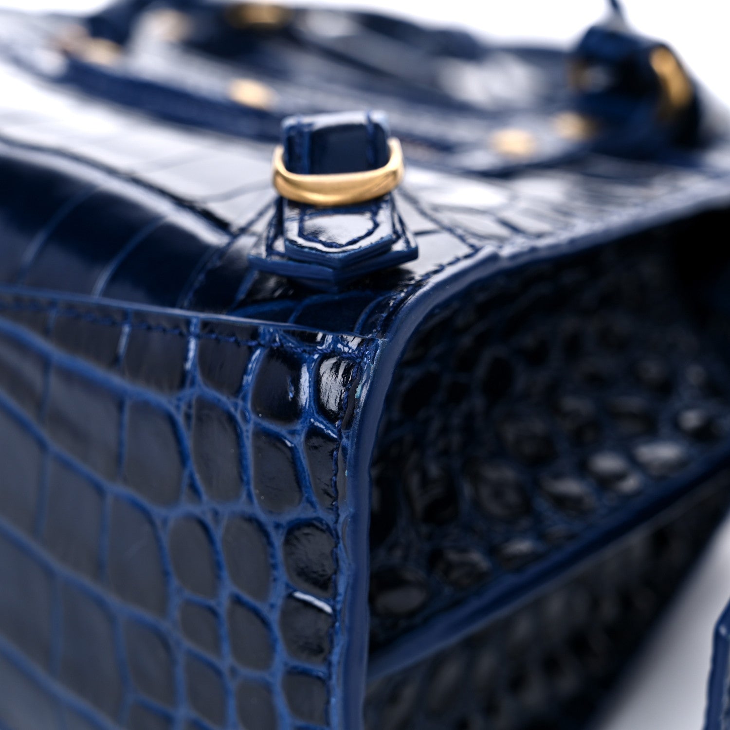 Balenciaga Shiny Supple Calfskin Crocodile Embossed Neo Classic Gold Hardware Mini City Navy 9 of 12