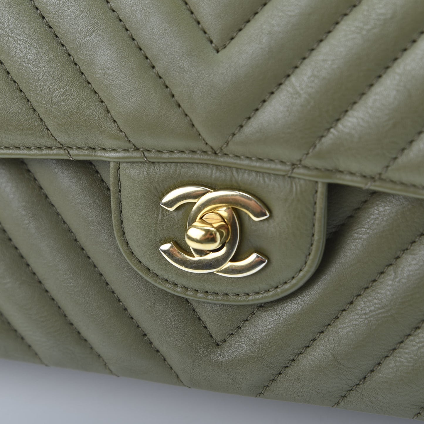 Calfskin Chevron Quilted Medium Double Flap Khaki