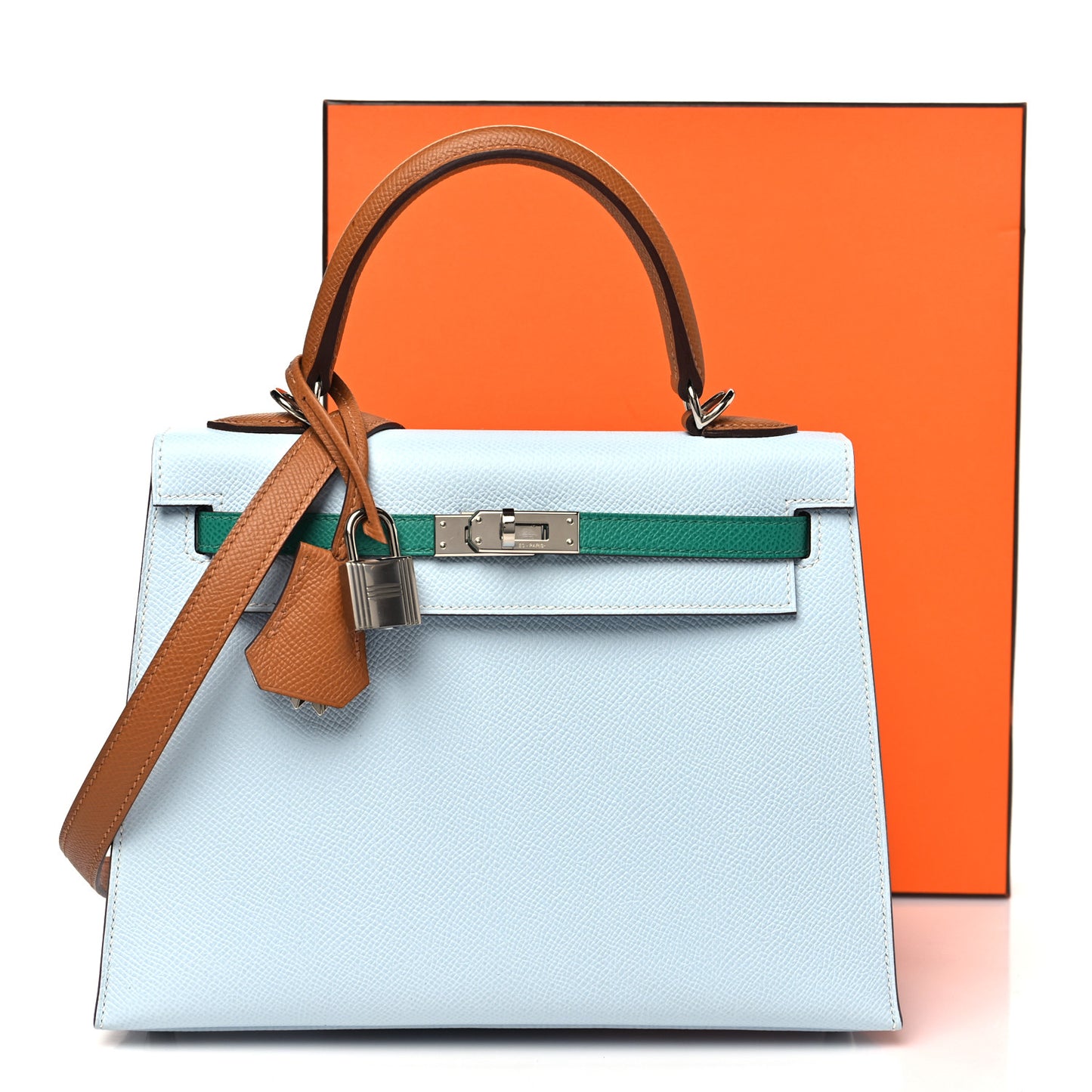 Epsom Tri-Color Kelly Sellier 25 Bleu Brume Vert Jade Gold