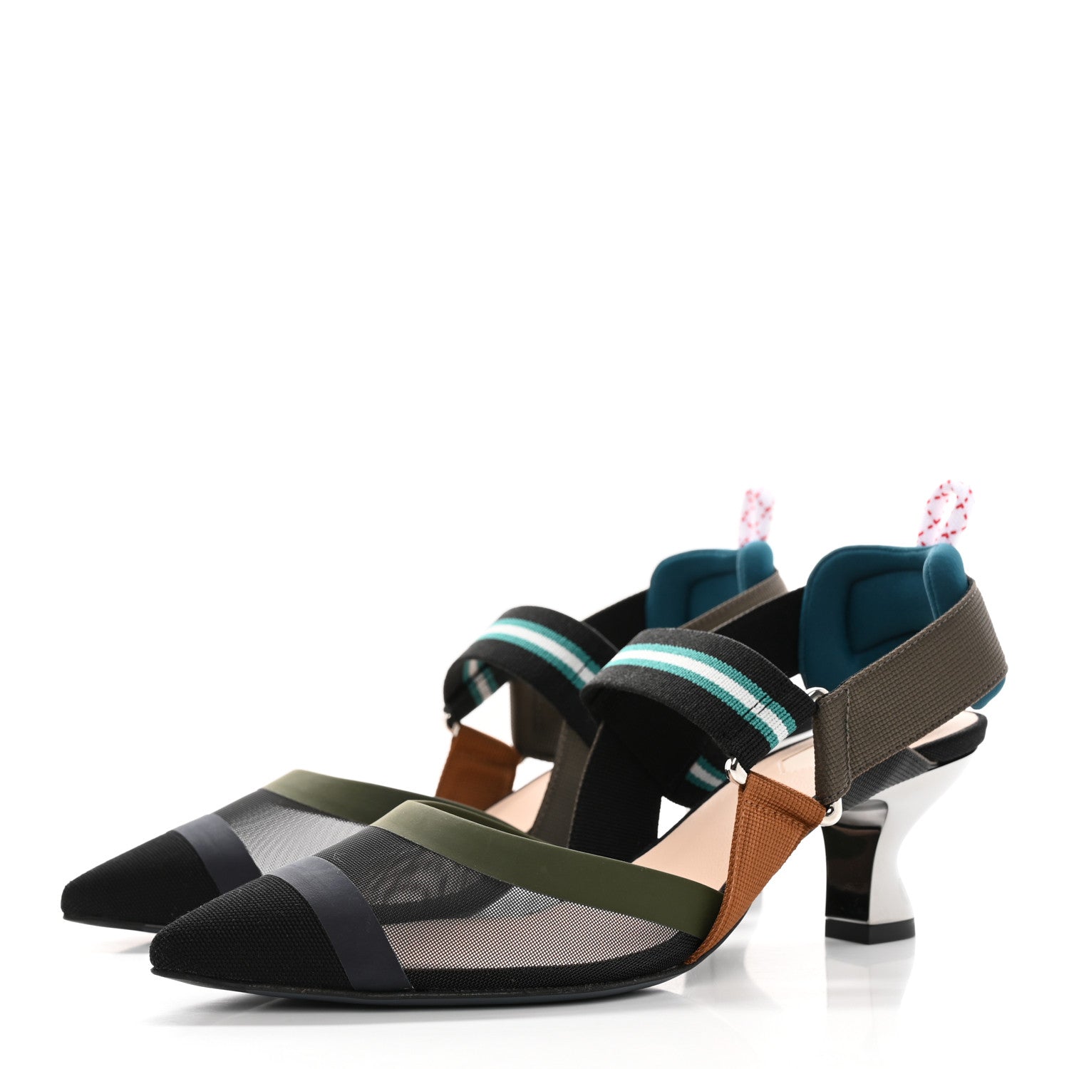 Fendi Technical Mesh Colibri 55mm Slingback Pumps 36 Black Verde Military 3 of 12
