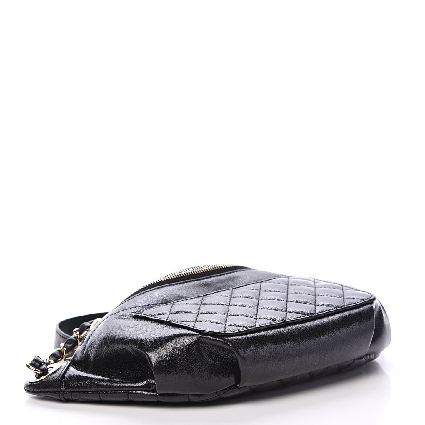 Crumpled Glazed Lambskin Quilted Waist Bag Fanny Pack Black