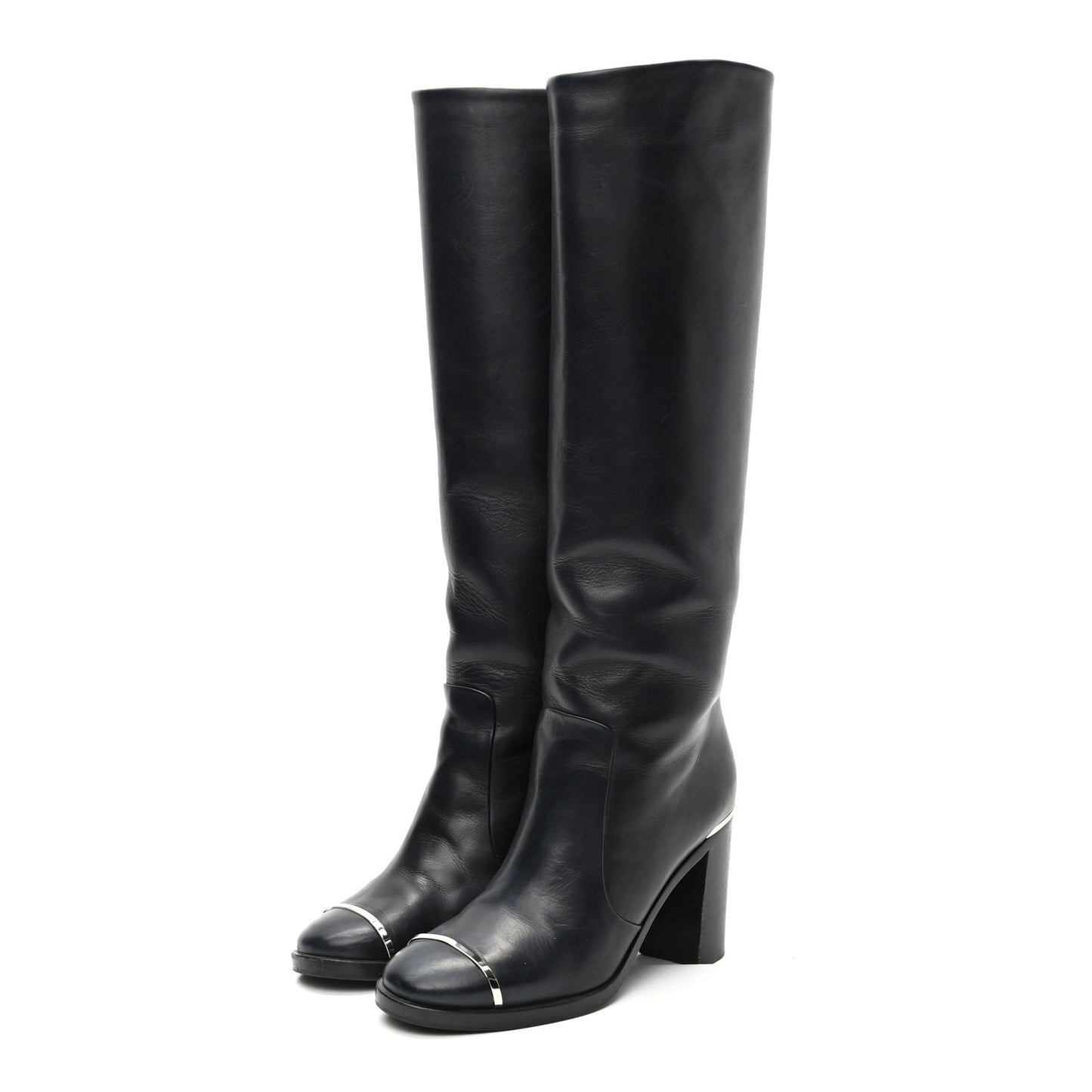 Calfskin CC Cap Toe Knee High Boots 37 Marine Fonce