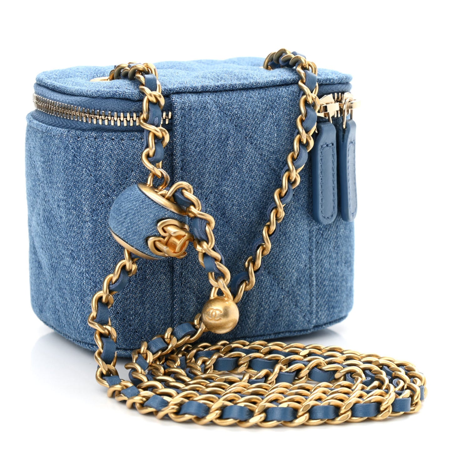 Denim Quilted Mini Pearl Crush Vanity Case With Chain