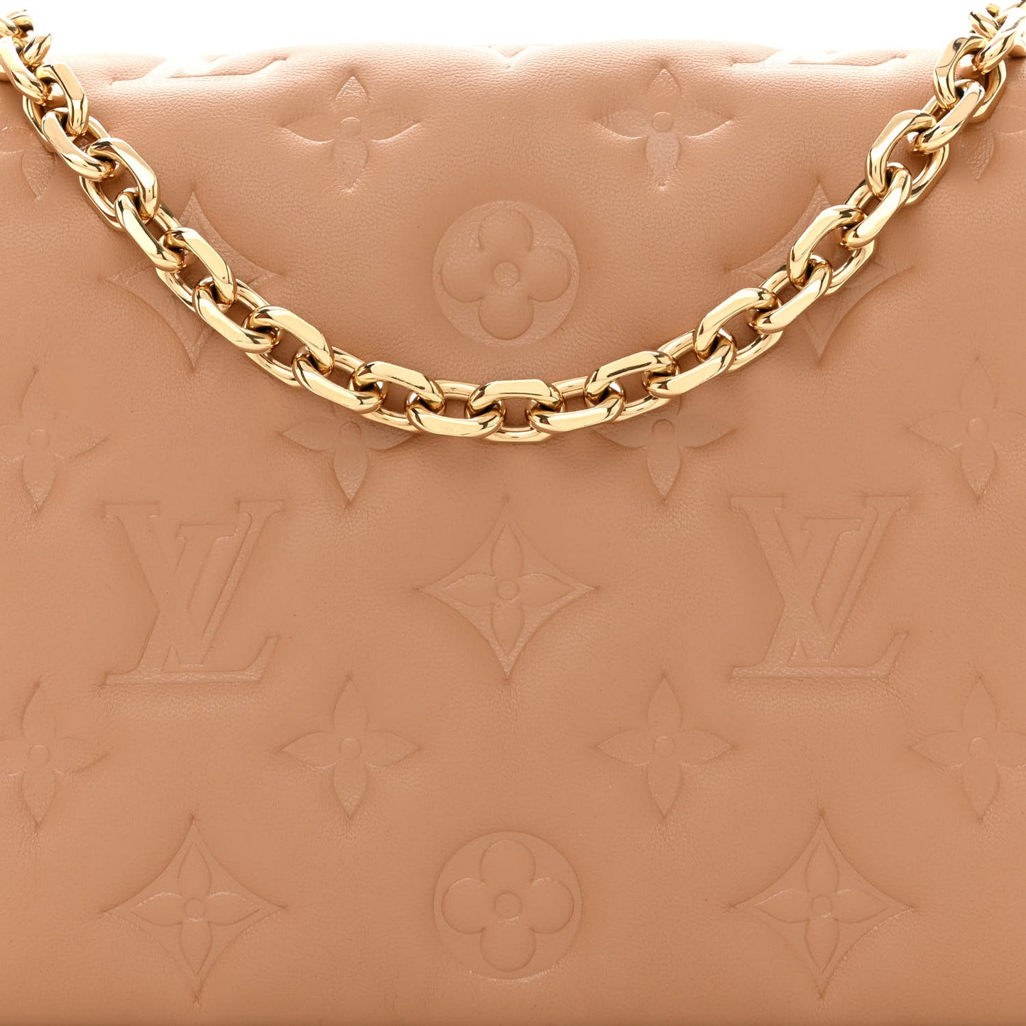 Lambskin Embossed Monogram Pochette Coussin Camel