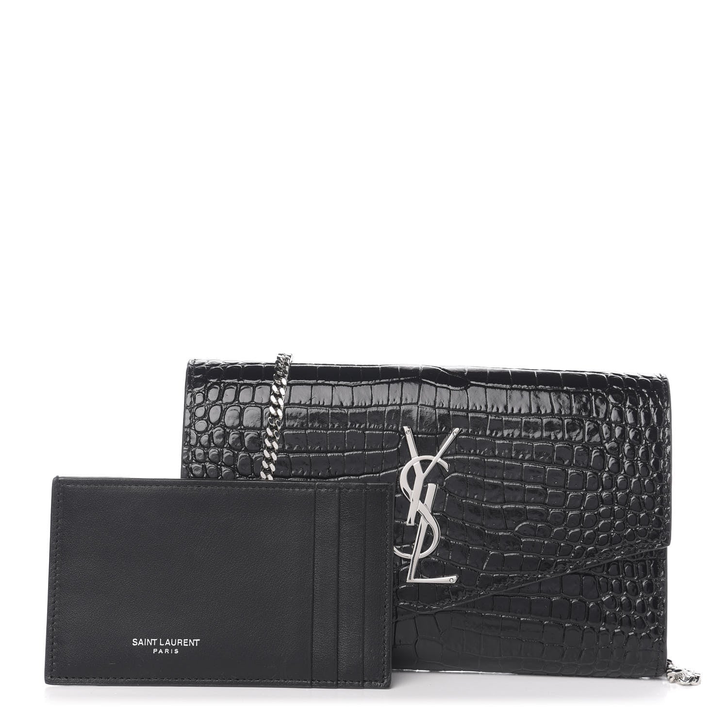 Saint Laurent Calfskin Crocodile Embossed Monogram Uptown Chain Wallet Black 1 of 9