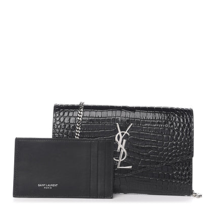 Saint Laurent Calfskin Crocodile Embossed Monogram Uptown Chain Wallet Black 1 of 9