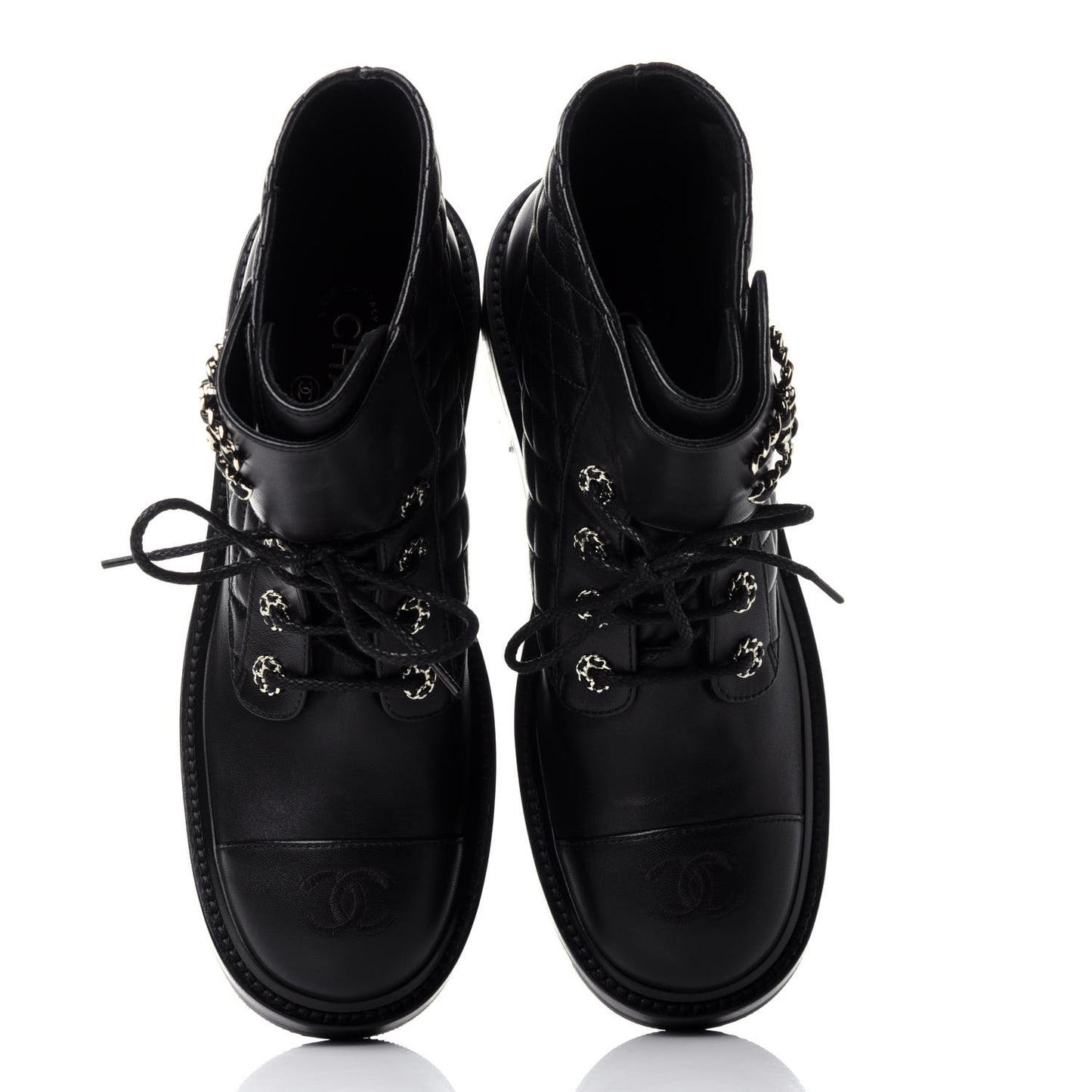 Shiny Lambskin Quilted Lace Up Combat Boots 39.5 Black