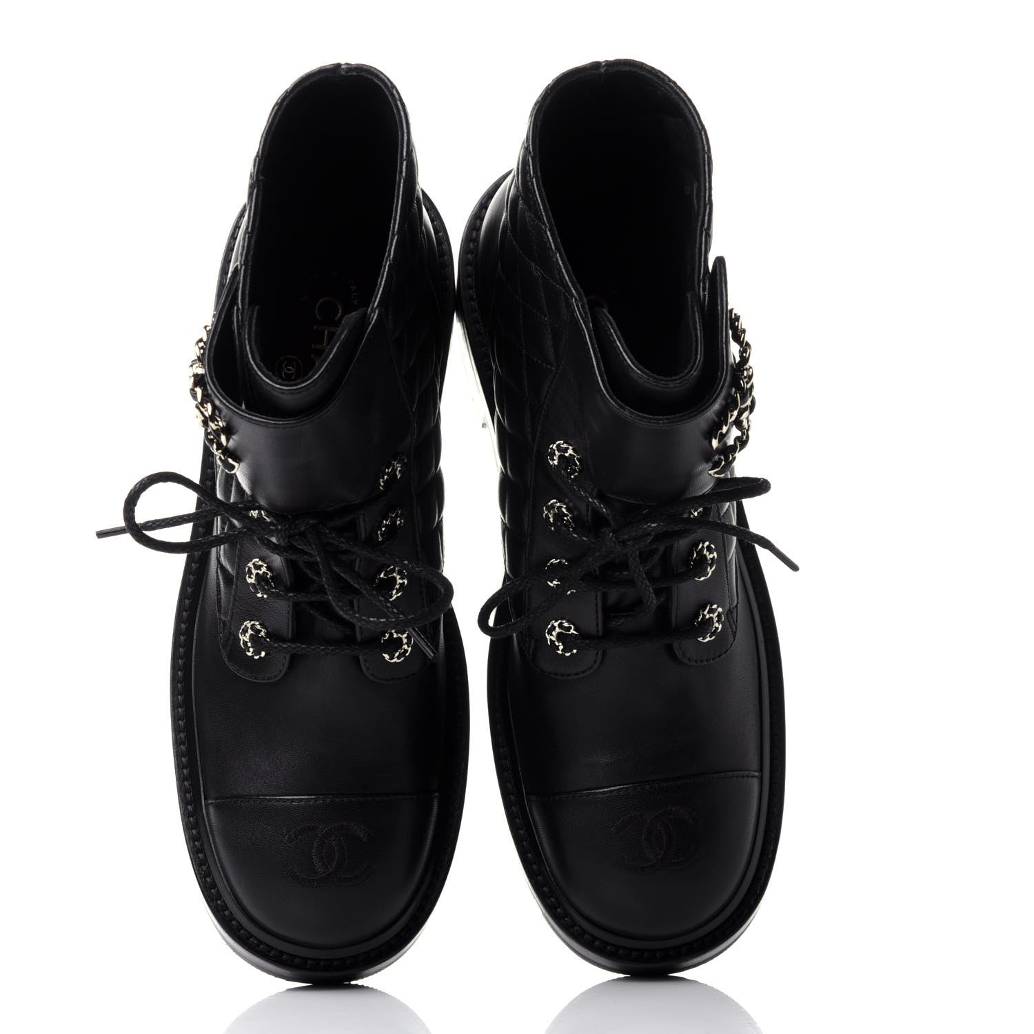 Chanel Shiny Lambskin Quilted Lace Up Combat Boots 39.5 Black 6 of 12