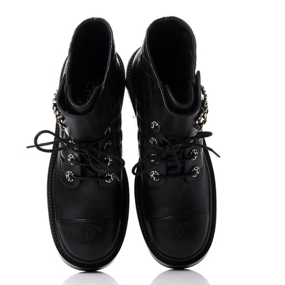 Chanel Shiny Lambskin Quilted Lace Up Combat Boots 39.5 Black 6 of 12