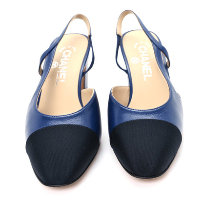 Chanel Goatskin Grosgrain Cap Toe CC Slingback Pumps 36.5 Navy Black 3 of 10