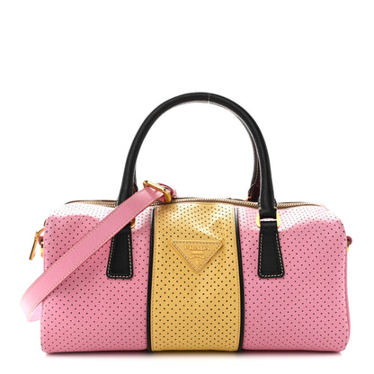 Prada Saffiano Perforated Striped Shoulder Bag Pink Yellow Black 1 of 15