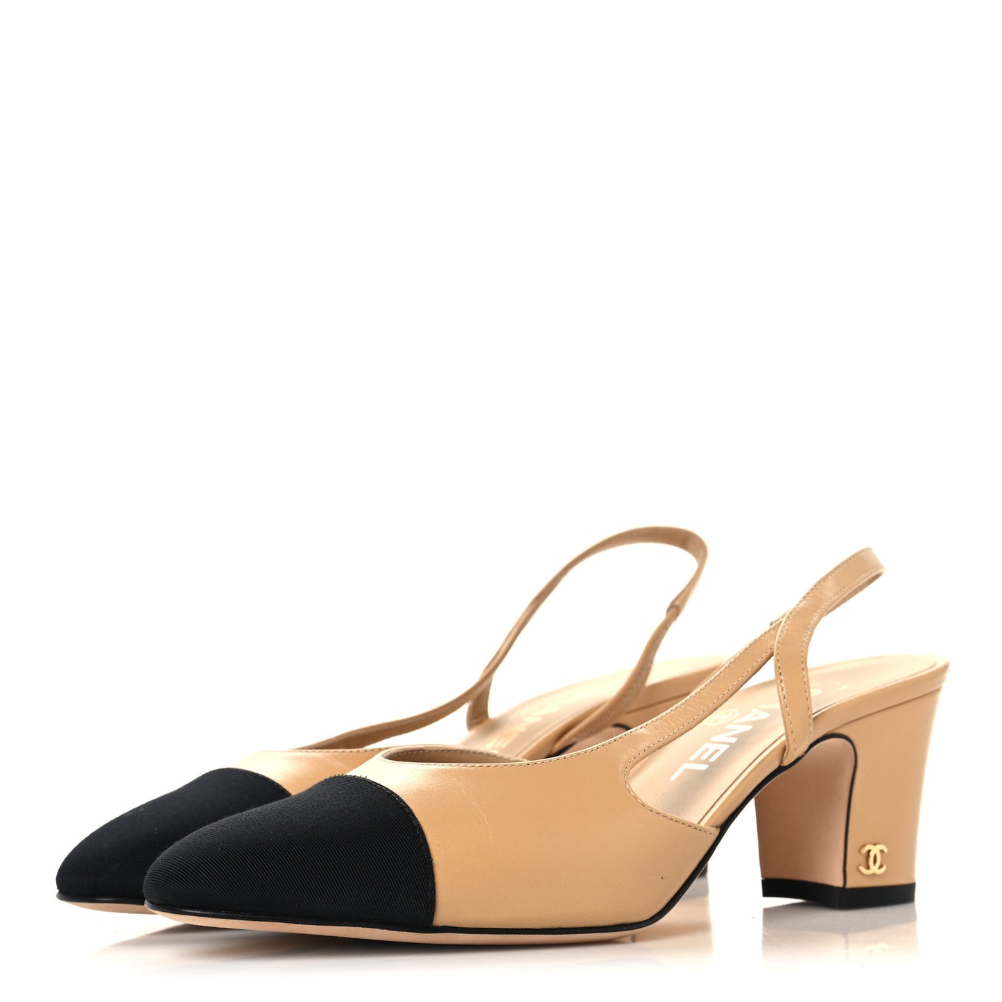 Goatskin Grosgrain Cap Toe CC Slingback Pumps 37 Beige Black