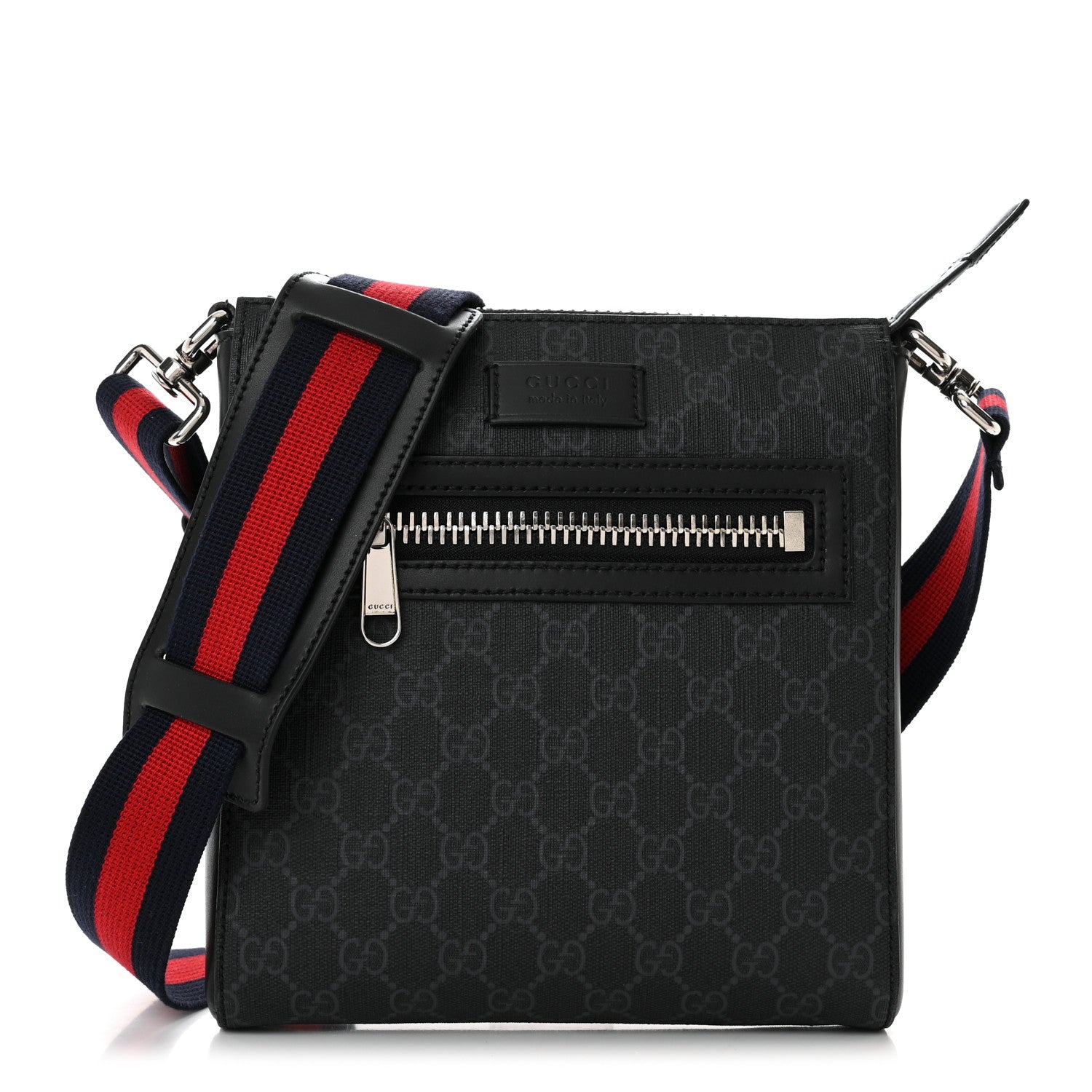 Gucci GG Supreme Monogram Web Small Flat Messenger Bag Black Grey 1 of 11