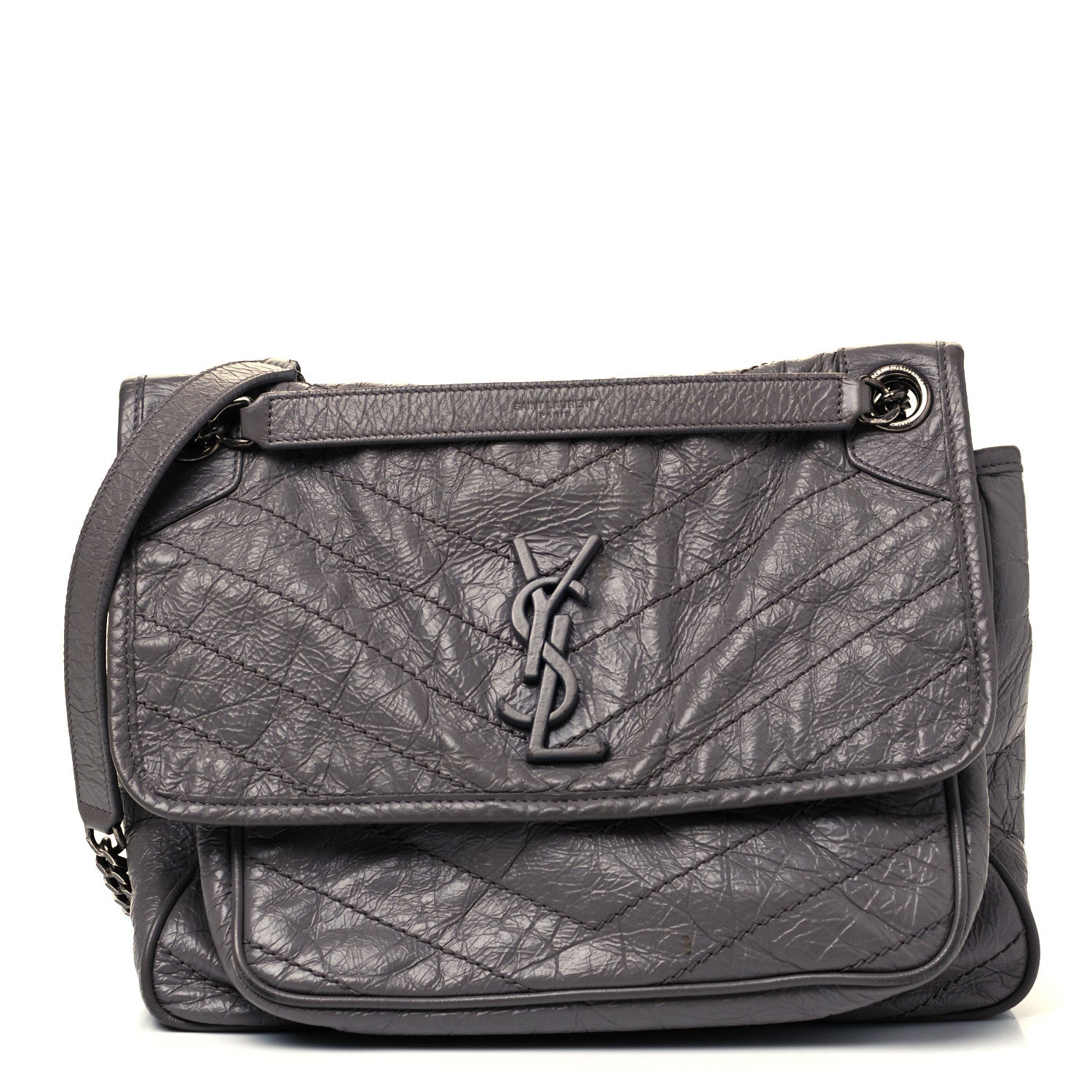 Saint Laurent Crinkled Calfskin Matelasse Monogram Medium Niki Chain Satchel Fog 1 of 9