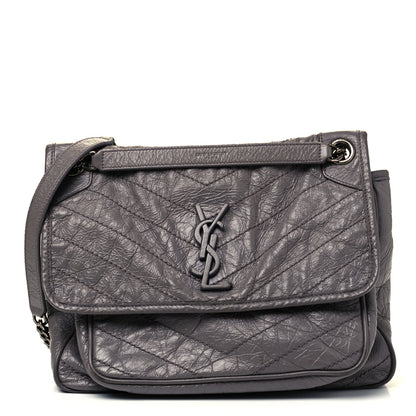 Saint Laurent Crinkled Calfskin Matelasse Monogram Medium Niki Chain Satchel Fog 1 of 9