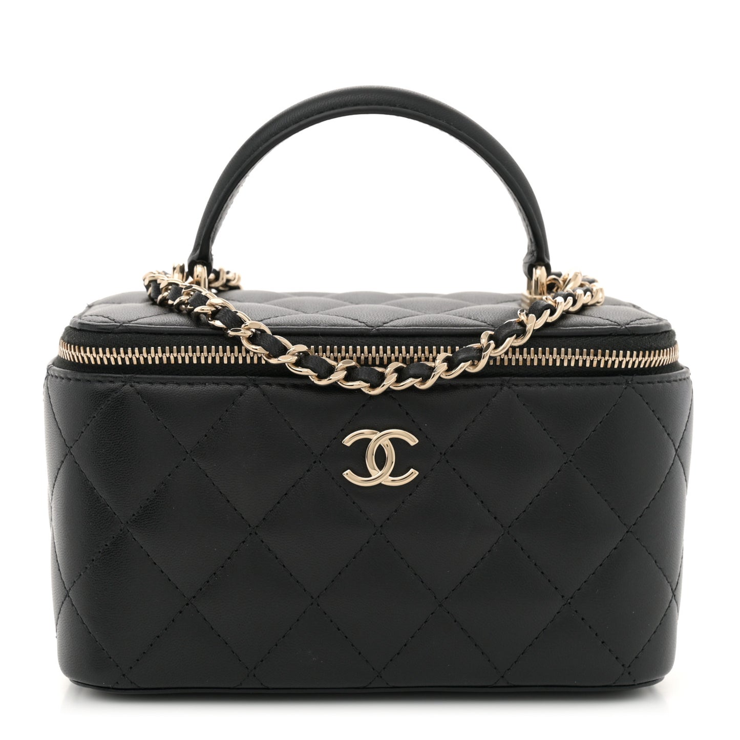 Lambskin Quilted Small Top Handle Vanity Case With Chain Black