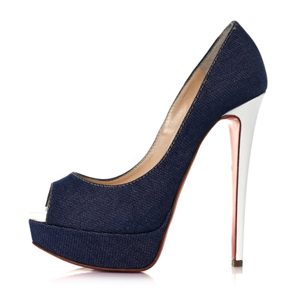 Christian Louboutin Denim Lady Peep Spikes 150 Pumps 37.5 Blue Arancio 1 of 9