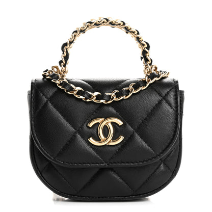 Chanel Lambskin Quilted Pearl Top Handle Clutch With Chain Black 1 of 12