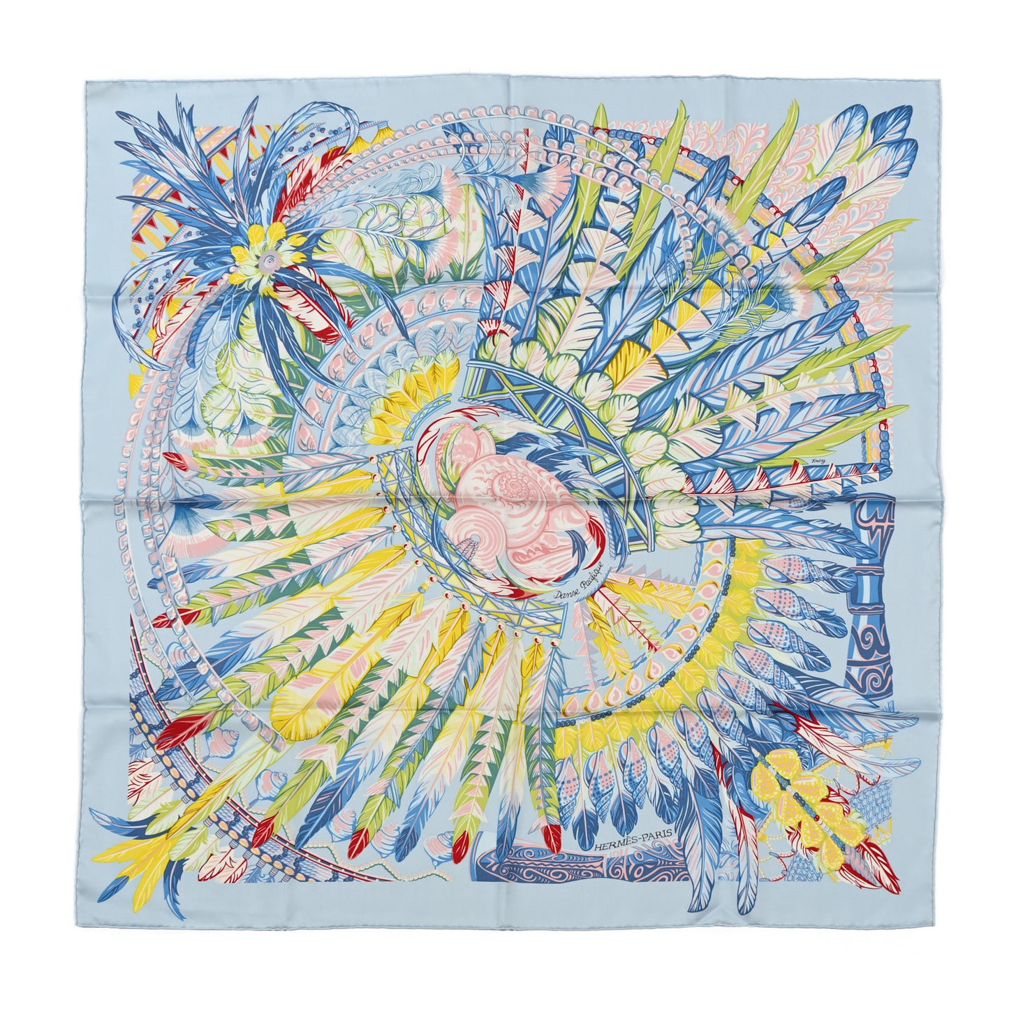 Silk Danse Pacifique Scarf 90 Bleu Ciel Vert Jaune Vif